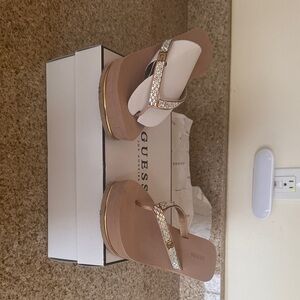Guess Tan Platform Wedge Flip Flops with Sparkling T-Strap